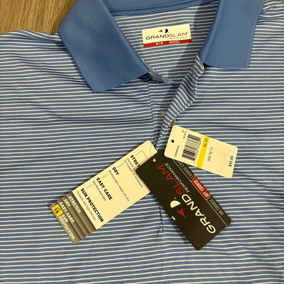 Grand Slam Performance Mens M Golf Polo Blue White Striped Stretch Athletic NWT - Picture 2 of 10